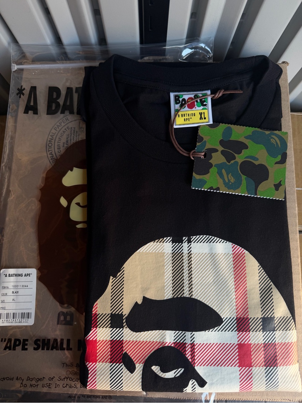 Bape a bathing ape check black tee XL